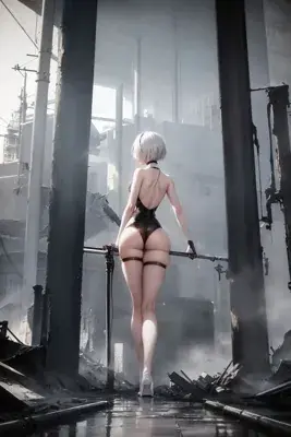 2B from NieR:Automata standing in a desolate, post-apocalyptic urban setting, viewed from behind.