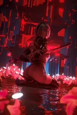 3D render of 2B kneeling in water amidst glowing lilies and a ruined cityscape.