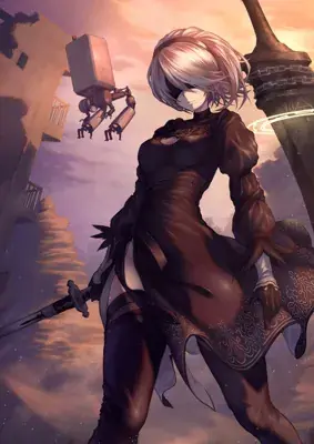 Digital art of 2B from NieR:Automata standing in a ruined landscape with a Pod.