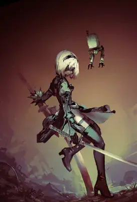 Digital art of 2B from NieR:Automata standing amidst a ruined city, holding her sword.