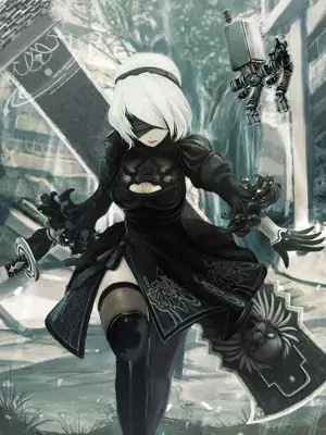 Digital art of 2B from NieR:Automata standing in a ruined city with her Pod.