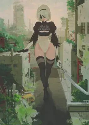 Illustration of 2B walking towards the viewer in a ruined city.