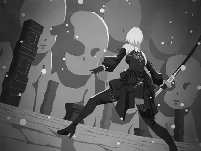 Illustration of 2B from NieR:Automata standing amidst ruins, holding her sword.