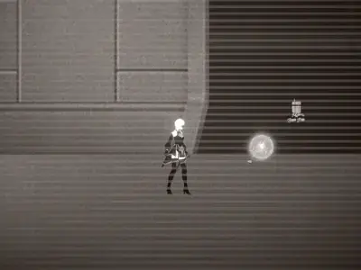 Grayscale image of 2B walking in a desolate, industrial environment from NieR:Automata.