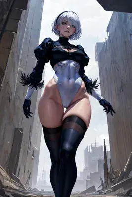 2B walking towards the viewer in a ruined city.