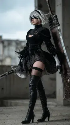 Cosplay of 2B from NieR:Automata standing in a ruined industrial landscape.