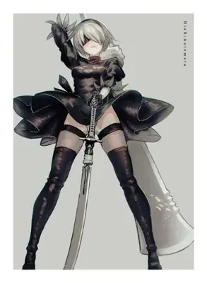 Digital illustration of the character 2B from NieR:Automata in a black dress standing over a sword with a dramatic low-angle view.