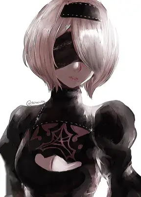 Digital art illustration of 2B from NieR:Automata wearing her signature blindfold and black dress.