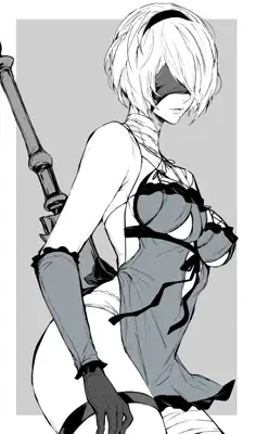 Digital manga-style art of 2B from NieR: Automata in a black dress and blindfold, standing against a grey background.
