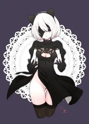 Digital illustration of 2B from NieR:Automata wearing cat ears, her signature black dress, and a blindfold against a purple background with a white lace doily.