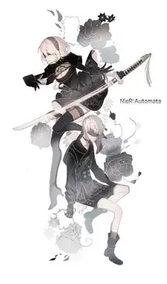 2B and 9S from Nier Automata alliance artwork - digital illustration showing android warriors in signature outfits with floral motifs