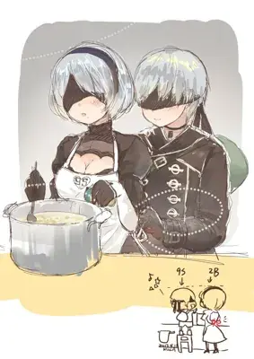 2B from Nier Automata 2B and 9S Cooking Together - digital artwork showing android warrior in signature outfit