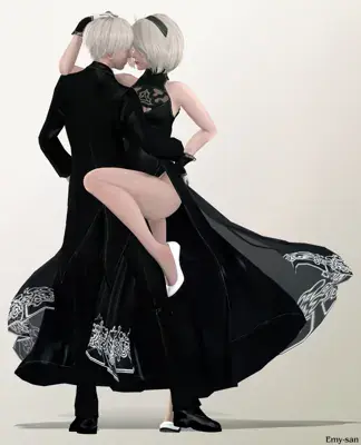 2B and 9S from Nier Automata dancing - digital artwork showing android warriors in signature outfits