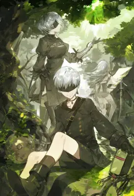 2B and 9S from Nier Automata in a lush forest setting - digital artwork showing android warriors in signature outfits