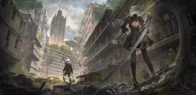 2B and 9S from Nier Automata in a ruined city - digital artwork showing android warriors in signature outfits