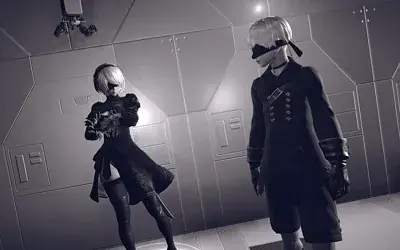 2B and 9S from Nier Automata 2B and 9S standing in the bunker - digital artwork showing android warriors in signature outfits