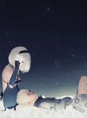 2B from Nier Automata 2B and 9S stargazing - digital artwork showing android warrior and 9S in a peaceful moment under the night sky