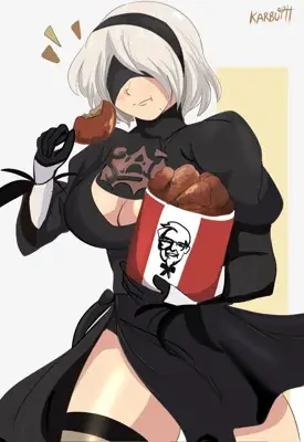 2B from Nier Automata 2B eating fried chicken - digital artwork showing android warrior in signature outfit