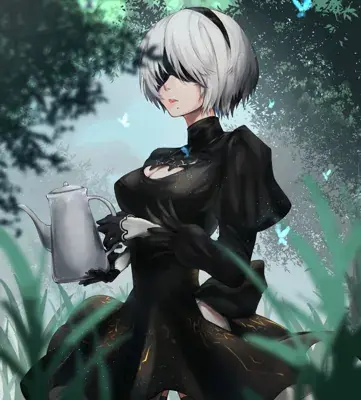 2B from Nier Automata 2B enjoying a tea break in the forest - digital artwork showing android warrior in signature outfit