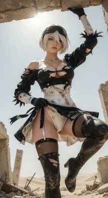 2B from Nier Automata 2B in a battle-worn state - digital artwork showing android warrior in signature outfit