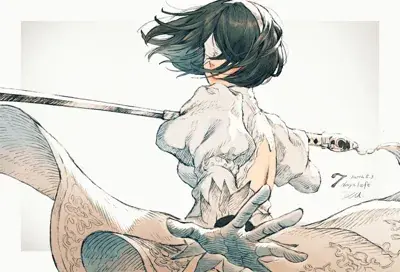 Image of 2B 2B in a dynamic combat pose - YoRHa android character art from the video game Nier Automata