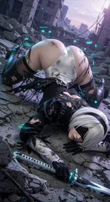 Thumbnail of 2B Nier Automata - 2B in a low-angle pose amidst the ruins | HD Artwork Gallery
