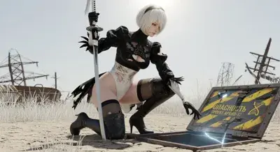2B from Nier Automata 2B investigating an industrial hatch - digital artwork showing android warrior in signature outfit