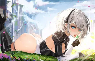 2B from Nier Automata 2B lying down in a field with a lollipop - digital artwork showing android warrior in signature outfit