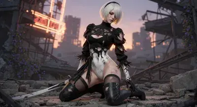 2B from Nier Automata 2B resting amidst the ruins of a post-apocalyptic city - digital artwork showing android warrior in signature outfit