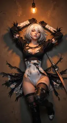 2B from Nier Automata 2B resting beneath a dim light - digital artwork showing android warrior in signature outfit