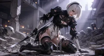 2B from Nier Automata 2B resting in a battle-worn pose - digital artwork showing android warrior in signature outfit