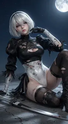 2B from Nier Automata 2B resting under the moonlight - digital artwork showing android warrior in signature outfit