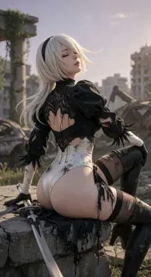 2B from Nier Automata 2B sitting amidst the ruins of a post-apocalyptic cityscape - digital artwork showing android warrior in signature outfit