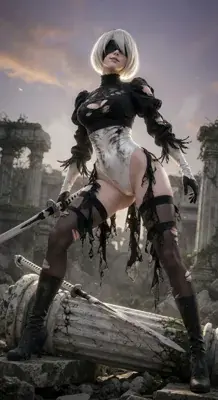 2B from Nier Automata 2B standing amidst the ruins of a post-apocalyptic wasteland - digital artwork showing android warrior in signature outfit