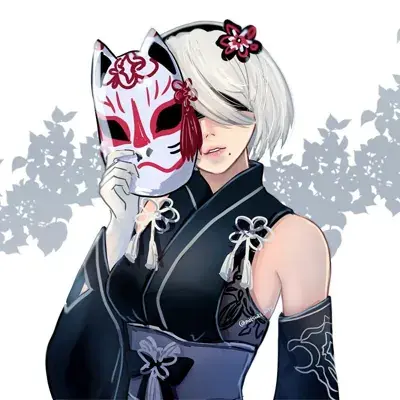 2B from Nier Automata 2B with Kitsune Mask - digital artwork showing android warrior in signature outfit