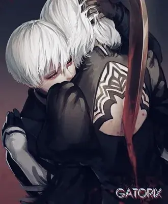 2B and 9S from Nier Automata tragic embrace artwork featuring android warriors in signature outfits