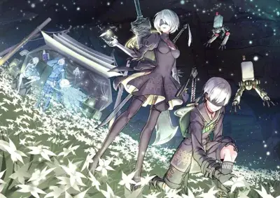 2B and 9S from Nier Automata standing in a field of flowers - digital artwork showing android warriors in signature outfits