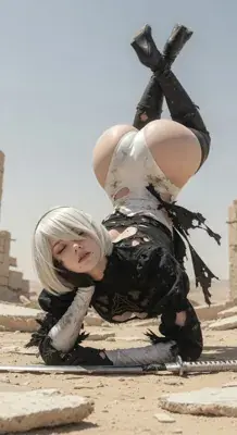 2B from Nier Automata Acrobatic Combat Pose - digital artwork showing android warrior in signature outfit