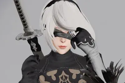 2B from Nier Automata adjusting her blindfold - digital artwork showing android warrior in signature outfit