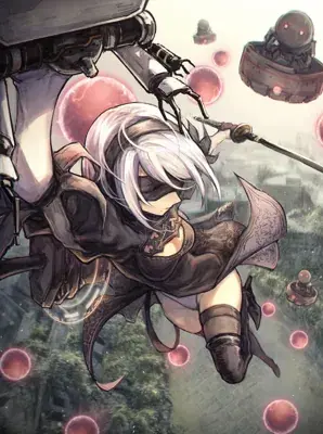 2B from Nier Automata aerial combat sequence - digital artwork showing android warrior in signature outfit