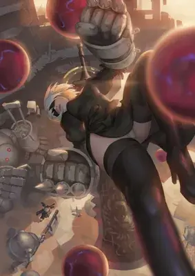 Fan art of 2B (YoRHa No.2 Type B) from NieR: Automata, depicted in a dynamic action pose amidst a post-apocalyptic battlefield with red energy spheres.