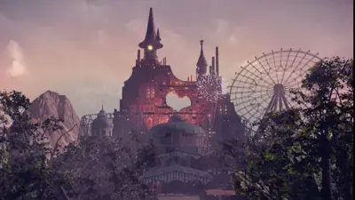 Amusement Park ruins from Nier Automata - digital artwork showing the machine-controlled entertainment zone in the post-apocalyptic world