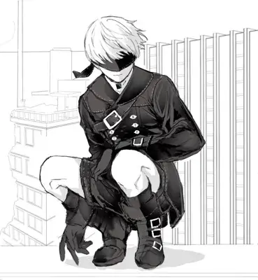 2B from Nier Automata crouching on a rooftop - digital artwork showing android warrior in signature outfit