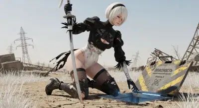 2B from Nier Automata 2B searching a hatch in the wasteland - digital artwork showing android warrior in signature outfit