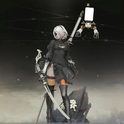 2B from Nier Automata standing ready with sword and Pod - digital artwork showing android warrior in signature outfit
