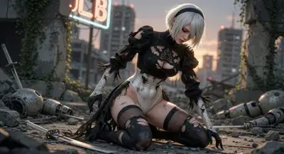 2B from Nier Automata battle damaged in ruins - digital artwork showing android warrior in signature outfit