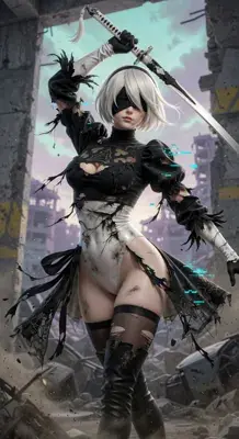 2B from Nier Automata battle damaged combat ready - digital artwork showing android warrior in signature outfit