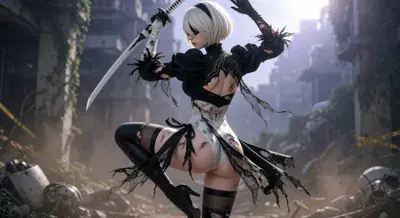 Image of 2B in a dynamic combat pose - YoRHa android character art from the video game Nier Automata