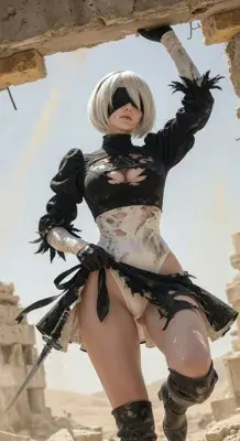 2B from Nier Automata battle worn - digital artwork showing android warrior in signature outfit
