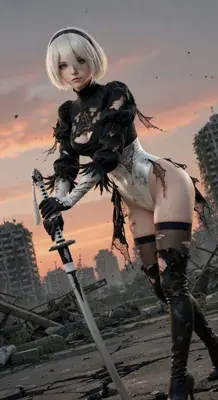 2B from Nier Automata battle-worn 2B in ruined cityscape - digital artwork showing android warrior in signature outfit